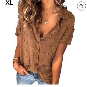 Women Shirt Casual Chiffon Blouse Girl Button Top Short Sleeve Brown XL